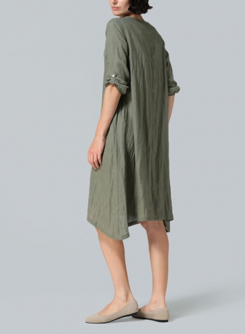 Dark Khaki Linen Flare Midi Dress