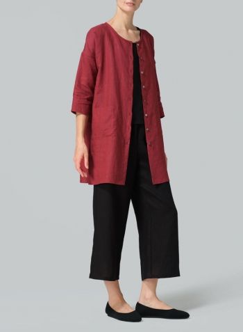 Burgundy  Linen Round Neck Button Front Top