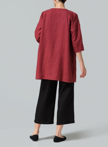 Burgundy  Linen Round Neck Button Front Top