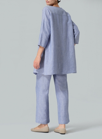 Pale Blue Linen Round Neck Button Front Top Set