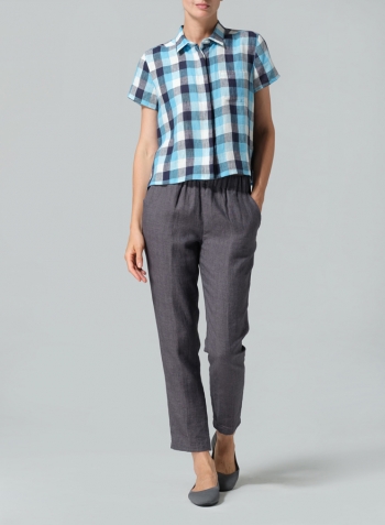 Azure Blue Checker Linen Short Sleeve Mini-point Collar Shirt