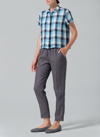 Azure Blue Checker Linen Short Sleeve Mini-point Collar Shirt