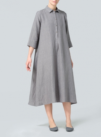 Soft Gray Linen A-Line Midi Shirt Dress