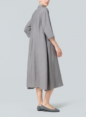 Soft Gray Linen A-Line Midi Shirt Dress