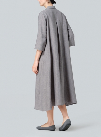 Soft Gray Linen A-Line Midi Shirt Dress