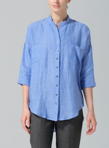 Sky Blue Linen Mandarin Collar Blouse