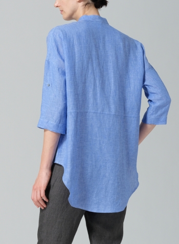 Sky Blue Linen Mandarin Collar Blouse