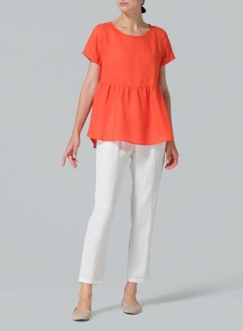 Orange Red Linen Short Sleeve Pleated Blouse