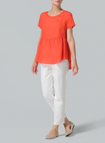 Orange Red Linen Short Sleeve Pleated Blouse