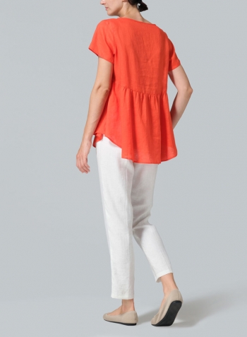 Orange Red Linen Short Sleeve Pleated Blouse