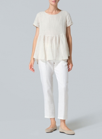 Oat Linen Short Sleeve Pleated Blouse