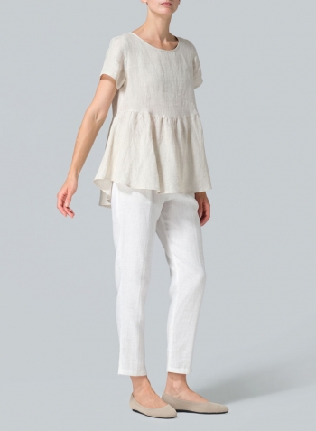 Oat Linen Short Sleeve Pleated Blouse