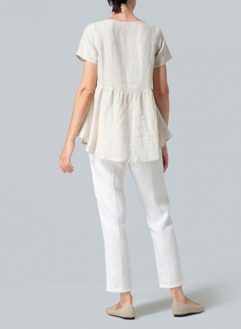 Oat Linen Short Sleeve Pleated Blouse