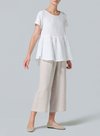 White Linen Short Sleeve Pleated Blouse