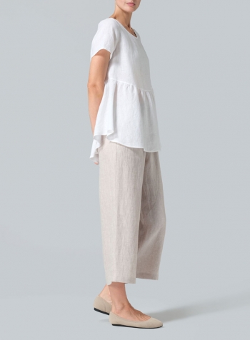 White Linen Short Sleeve Pleated Blouse