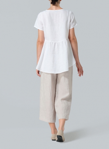 White Linen Short Sleeve Pleated Blouse