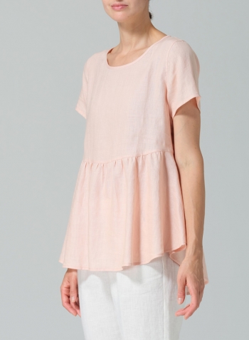 Rose Pink Linen Short Sleeve Pleated Blouse