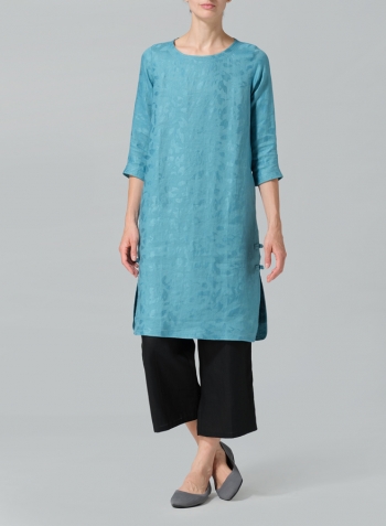 Teal Blue Linen Handmade Knot Jacquard Long Tunic