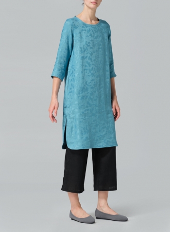 Teal Blue Linen Handmade Knot Jacquard Long Tunic