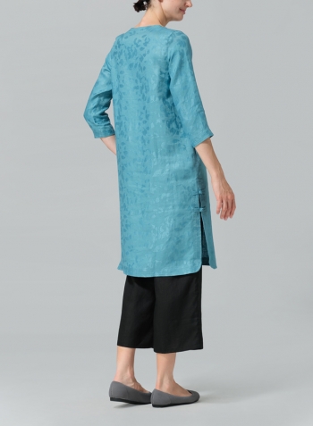 Teal Blue Linen Handmade Knot Jacquard Long Tunic