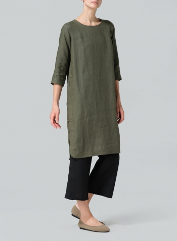 Khaki Green Linen Handmade Knot Long Tunic