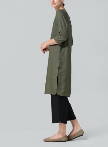 Khaki Green Linen Handmade Knot Long Tunic