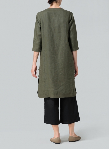 Khaki Green Linen Handmade Knot Long Tunic