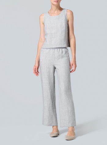 Two Tone Light Gray Linen Straight Leg Pants Set