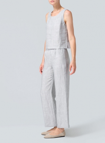 Two Tone Light Gray Linen Straight Leg Pants Set