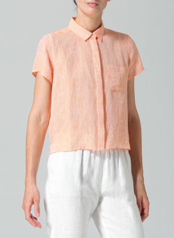 Two Tone Orange Linen Short Sleeve Mini-point Collar Shirt