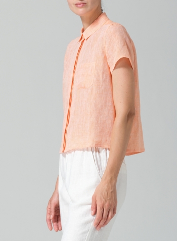 Two Tone Orange Linen Short Sleeve Mini-point Collar Shirt