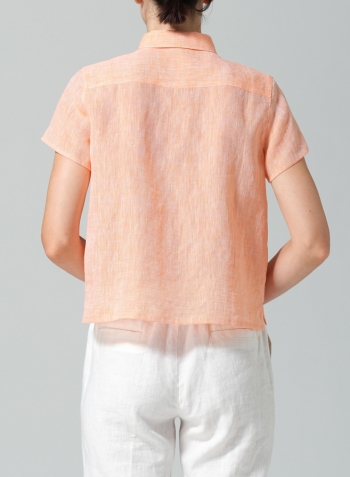 Two Tone Orange Linen Short Sleeve Mini-point Collar Shirt