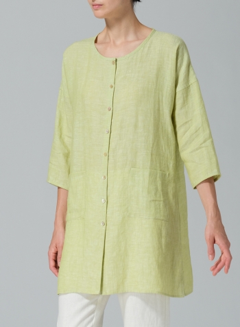 Lime Linen Round Neck Button Front Top