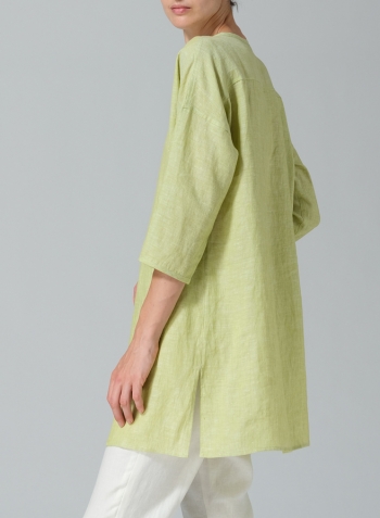 Lime Linen Round Neck Button Front Top