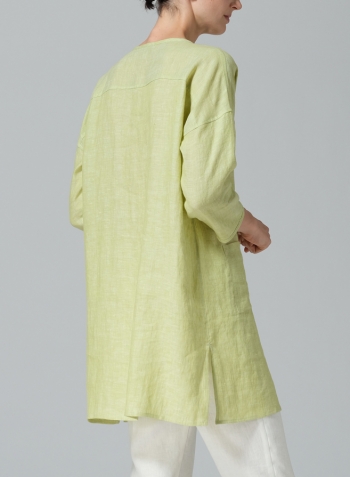 Lime Linen Round Neck Button Front Top