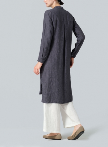 Smokey Blue Gray Linen Collarless Long Blouse