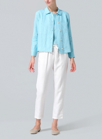 Aqua Blue Linen Cropped Shirt Jacket with Pockets