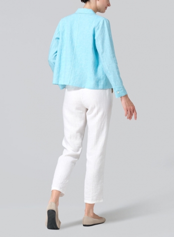 Aqua Blue Linen Cropped Shirt Jacket with Pockets