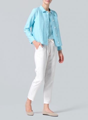 Aqua Blue Linen Cropped Shirt Jacket with Pockets