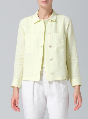 Mist Yellow Linen Cropped Shirt Jacket with Pockets