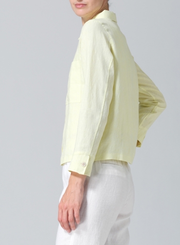 Mist Yellow Linen Cropped Shirt Jacket with Pockets