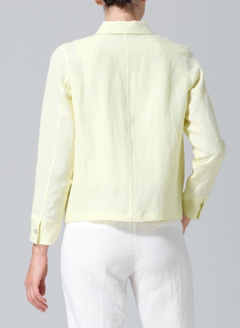 Mist Yellow Linen Cropped Shirt Jacket with Pockets