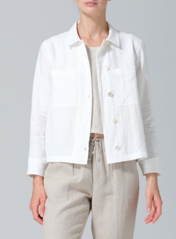 White Linen Cropped Shirt Jacket with Pockets