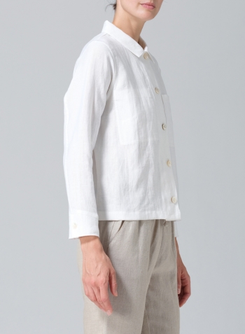 White Linen Cropped Shirt Jacket with Pockets