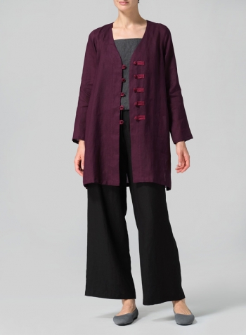 Violet Red Two Tone Linen Handmade Knot Buttons Straight-Cut Top