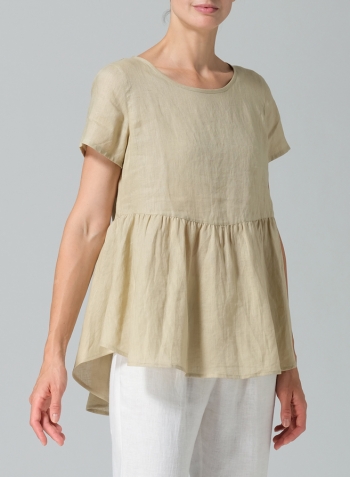 Light Khaki Linen Short Sleeve Pleated Blouse