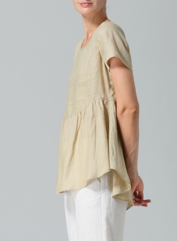 Light Khaki Linen Short Sleeve Pleated Blouse