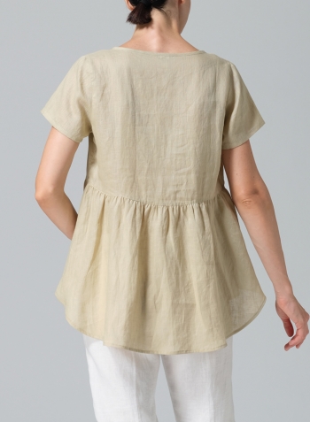 Light Khaki Linen Short Sleeve Pleated Blouse