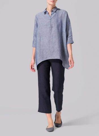 Two Tone Denim Linen Oversized Straight-Cut Shirt