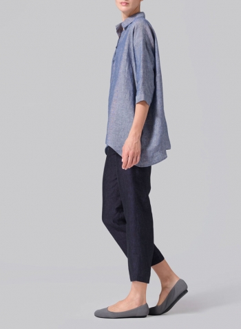 Two Tone Denim Linen Oversized Straight-Cut Shirt